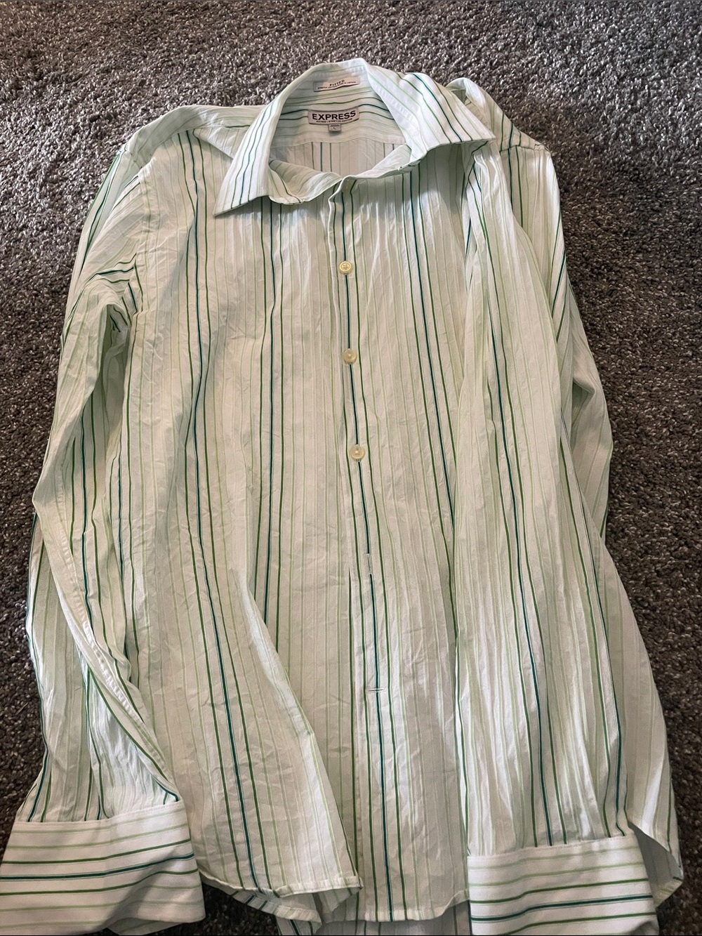 Express Men’s Light Green and White Striped Dress Shirt
